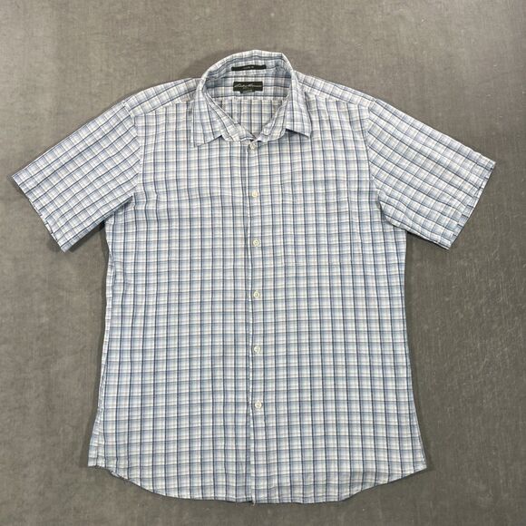 Eddie Bauer Mens Medium Blue Plaid Classic Short Sleeve Button Up Shirt - Picture 1 of 6